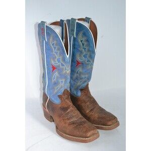 Tony Lama 4030 Men's 7.5 D Shoes Brown Blue Leather Pull-On Cowboy Western Boots